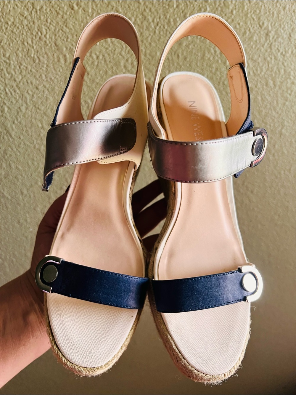 Nine West Navy, Cream & Metallic Espadrille Wedge Sandals NWOT